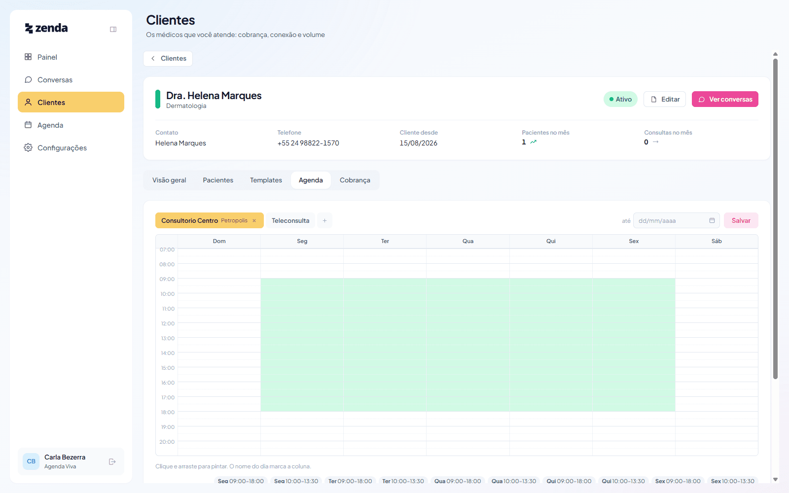 A client's schedule tab in Zenda, with the weekly availability grid painted in and exceptions on specific dates