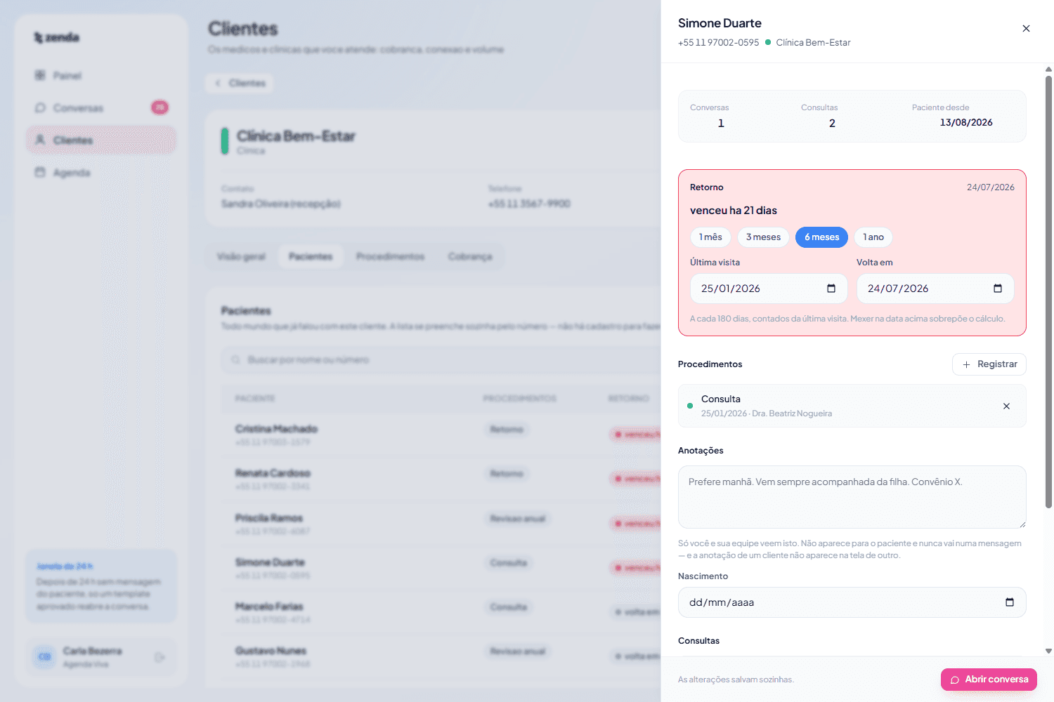 Zenda patient record with return interval, logged procedures, notes and history
