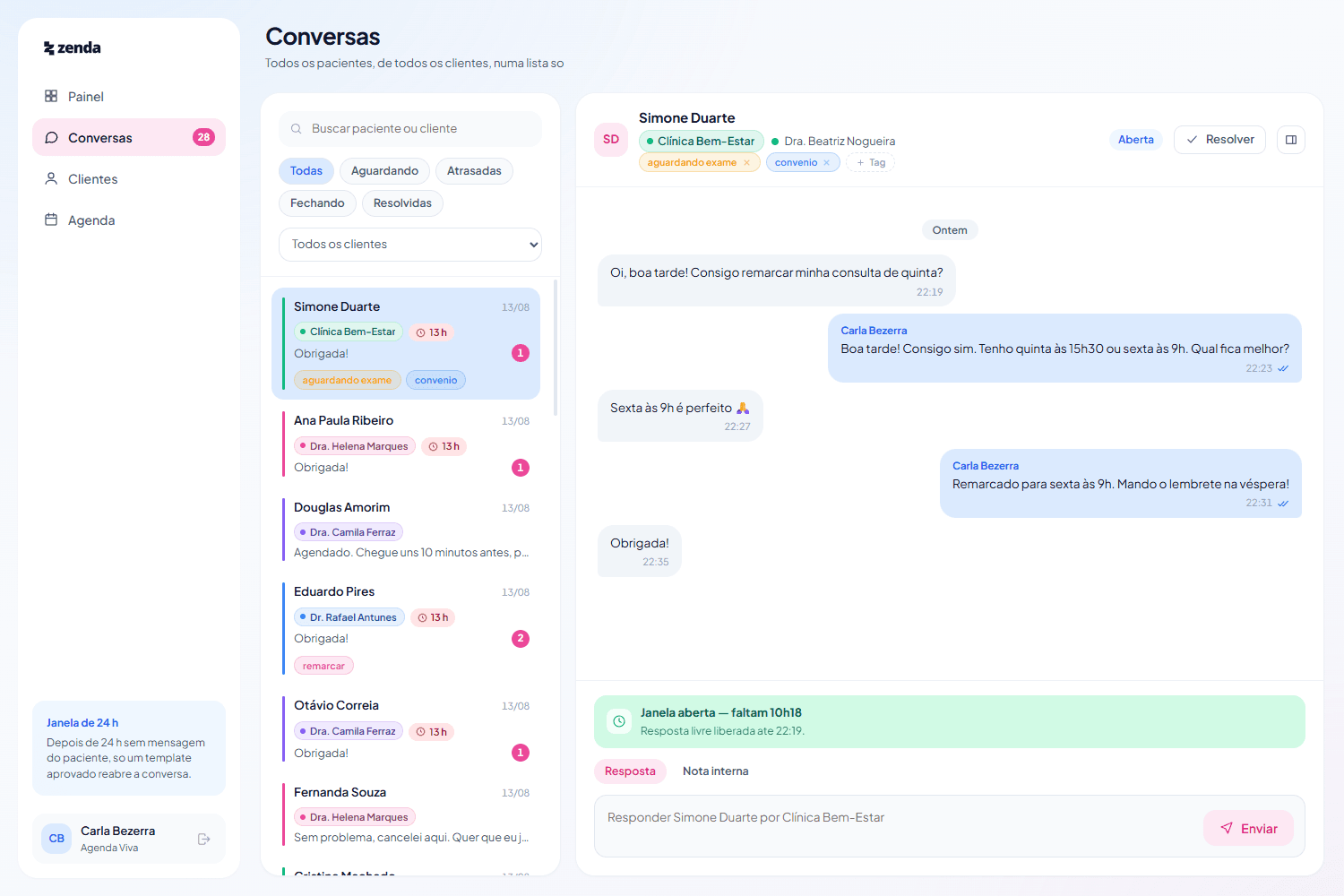 Zenda inbox showing patients from several clinics in one list, each tagged with its client